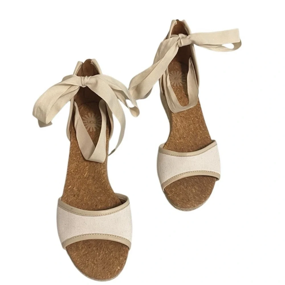 UGG Cream Espadrille Wedge Shoes with Ankle Wrap - Picture 2 of 6